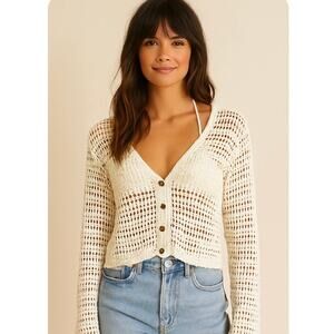 Rebellion Again White Crochet Lightweight Cropped Cardigan Boho Coastal Cowgirl